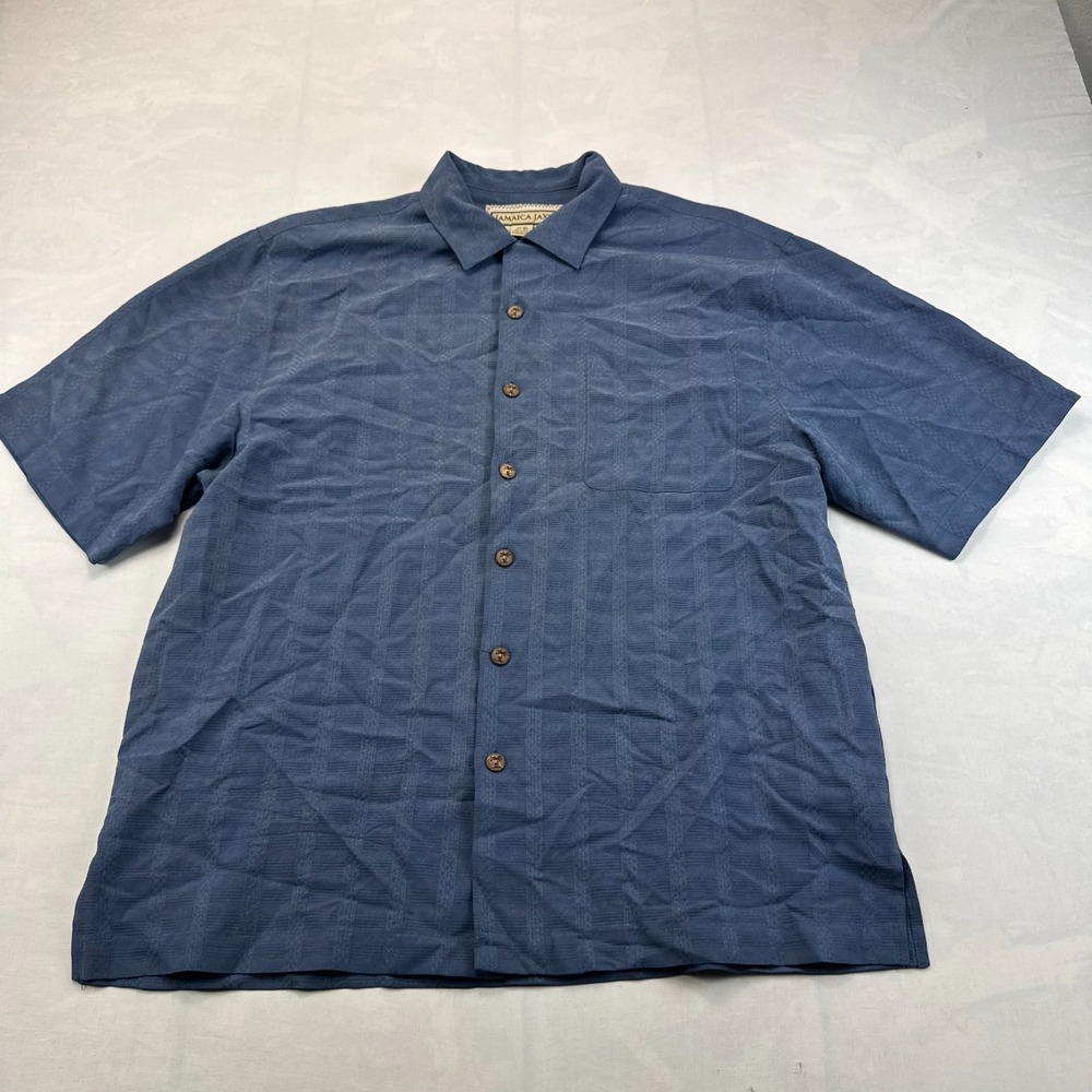 Jamaica Jaxx Silk Shirt Men Medium Blue Textured Short Sleeve Collared Button Up